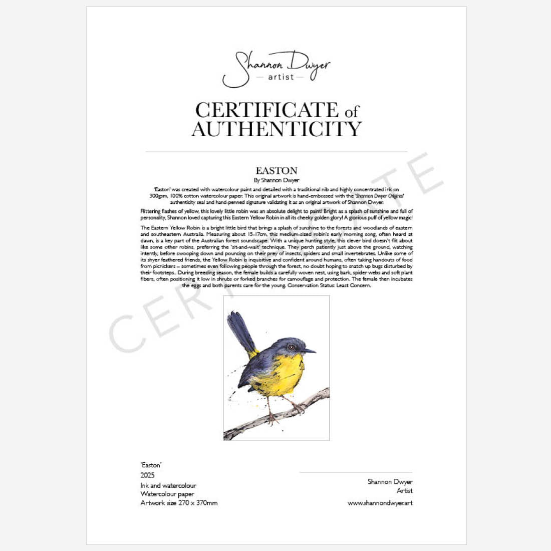 'EASTON' the Eastern Yellow Robin - original artwork