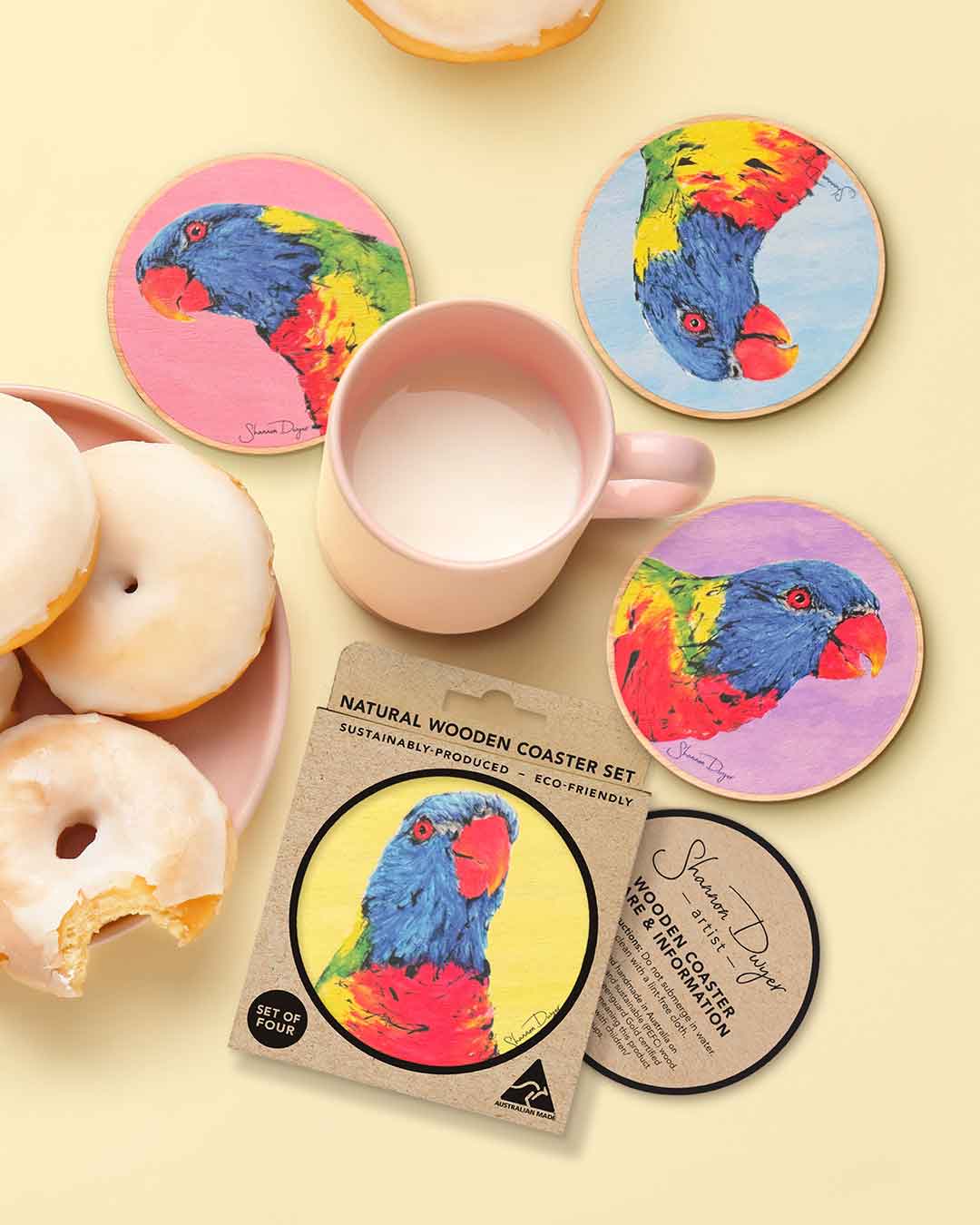 'Rainbow Brights' Rainbow Lorikeets | Coaster Set of 4 | Australian Wildlife Art | Shannon Dwyer Artist