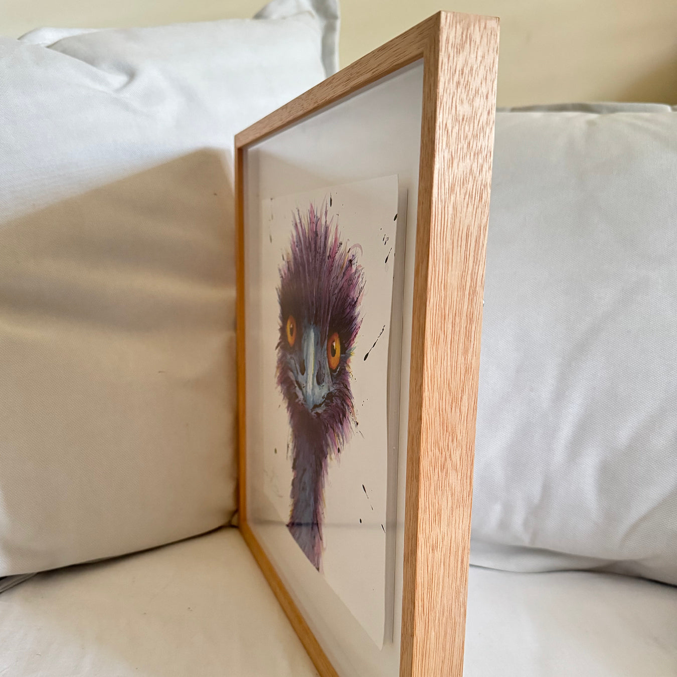 Framed original emu artwork, Australian wildlife painting float mounted in Tasmanian oak frame behind non-reflective art glass