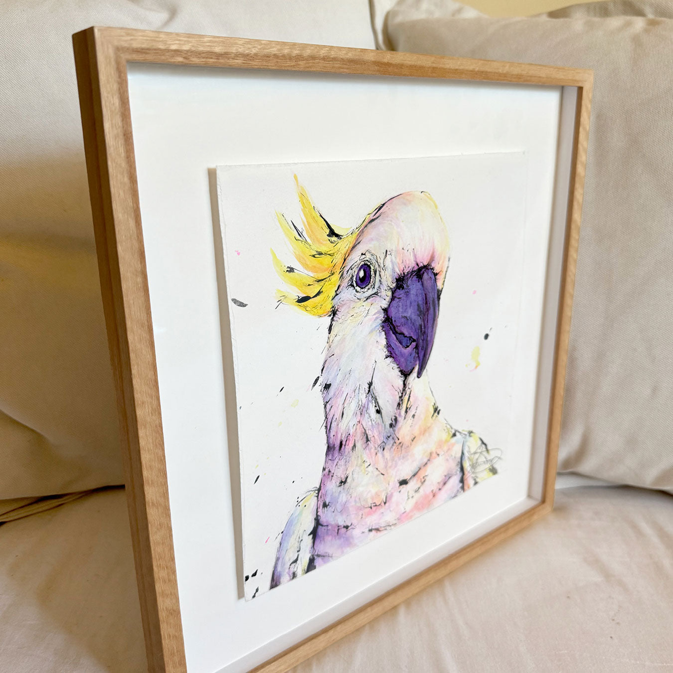 'Giggle' the Sulphur-crested Cockatoo - Framed* original artwork