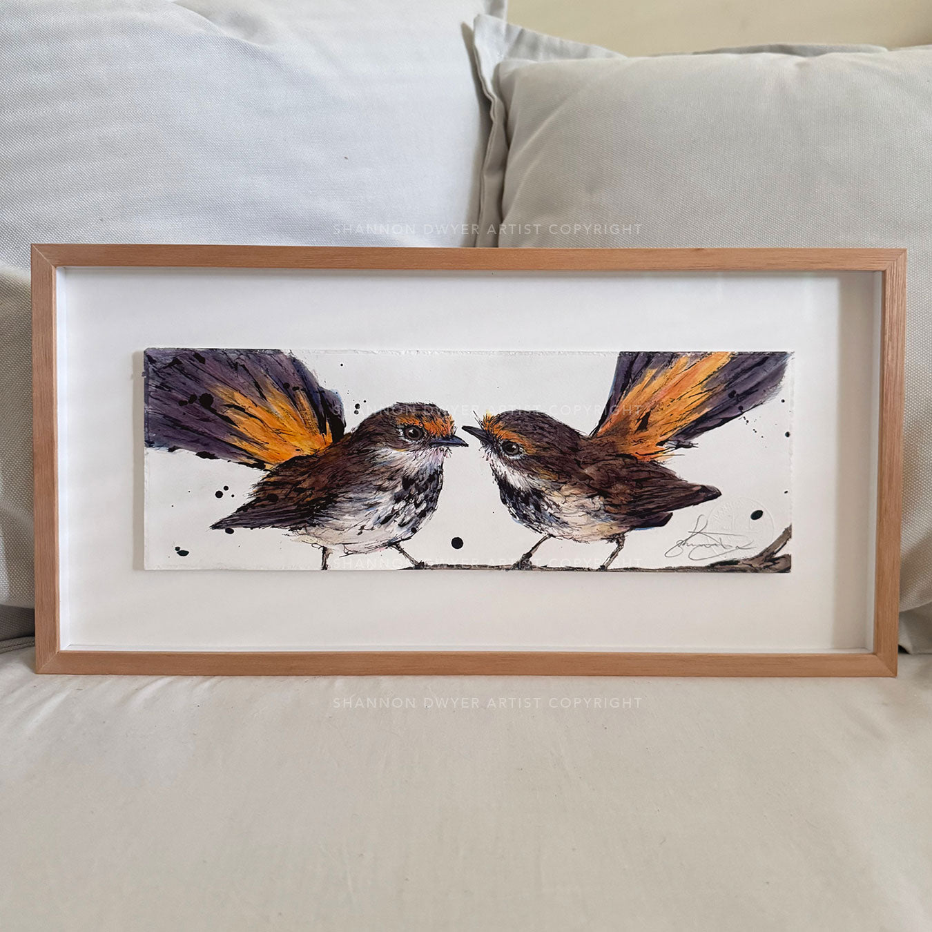 Fanfare original Rufous Fantail artwork by Shannon Dwyer, Australian bird painting in ink and watercolour with burnt orange tones