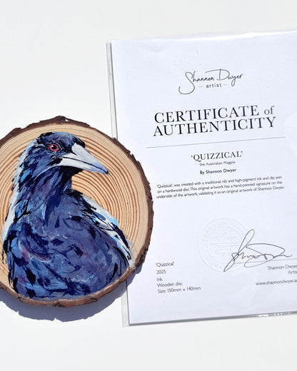 'QUIZZICAL' the Australian Magpie Wooden Disc