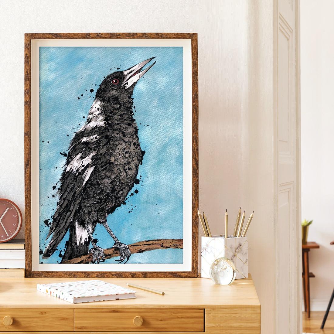 Native Australian Magpie bird artwork hand signed by Shannon Dwyer, framed