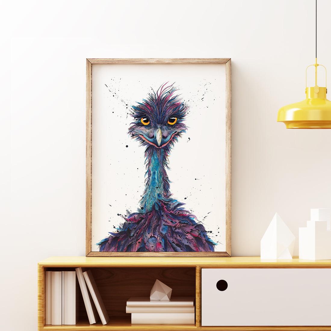 A framed art print of an Australian emu artwork in ink and watercolour by Shannon Dwyer vibrant magenta and violet highlights, displayed in a home setting.