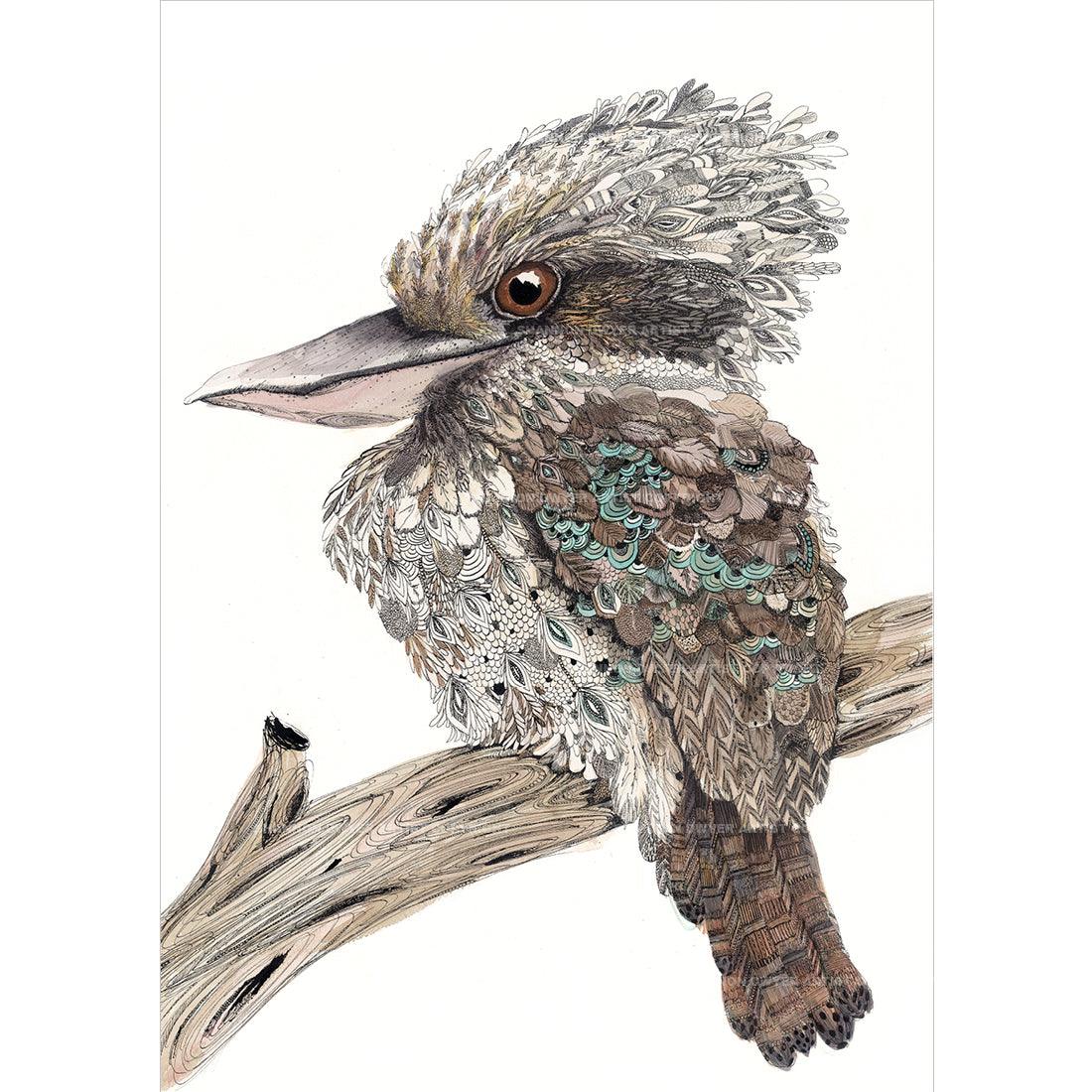 ‘Eye On You’ Laughing Kookaburra fine art print by Australian artist Shannon Dwyer featuring ink and watercolour textures