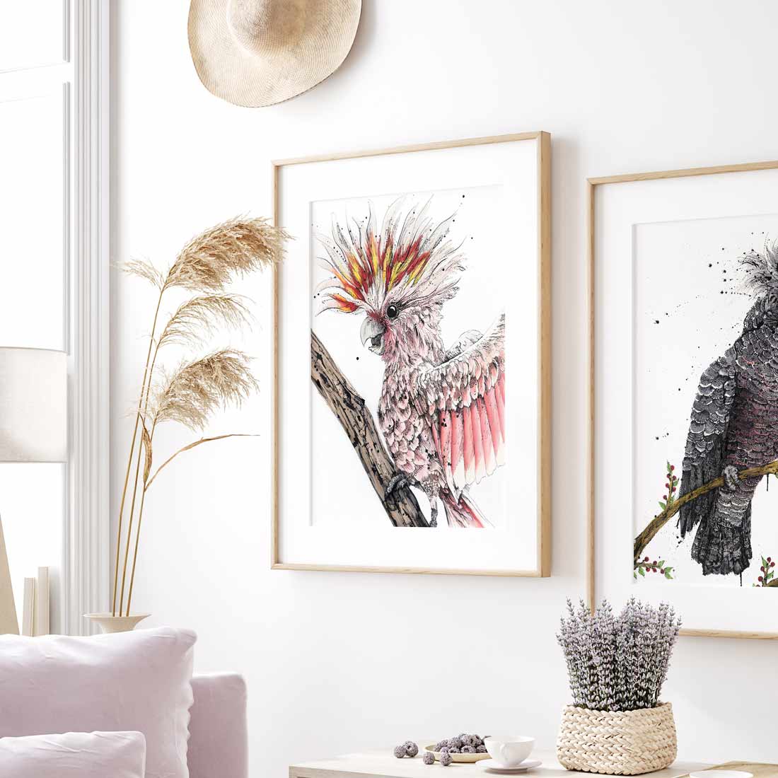  ‘Frankie’ Pink Cockatoo (formerly Major Mitchell’s Cockatoo) fine art print by Australian artist Shannon Dwyer featuring native Australian bird artwork colourful cockatoo on a branch against a white background In an elegant home 