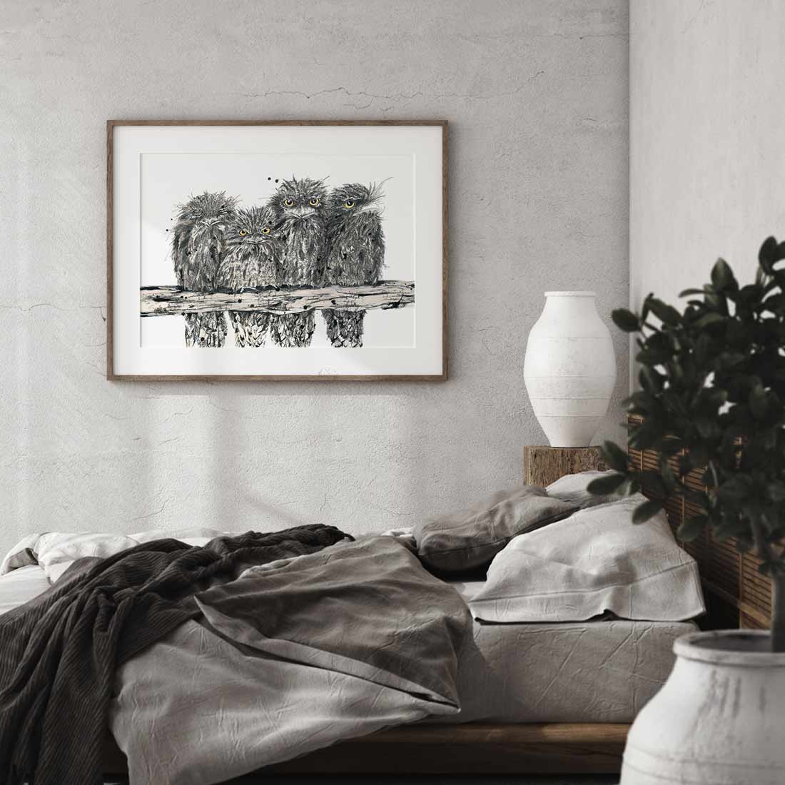 ‘Just Chillin’’ Tawny Frogmouth family fine art print by Australian artist Shannon Dwyer featuring native Australian bird artwork in ink and watercolour