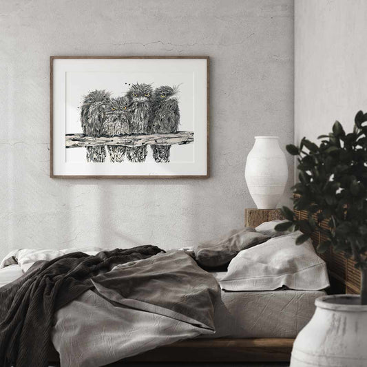 ‘Just Chillin’’ Tawny Frogmouth family fine art print by Australian artist Shannon Dwyer featuring native Australian bird artwork in ink and watercolour