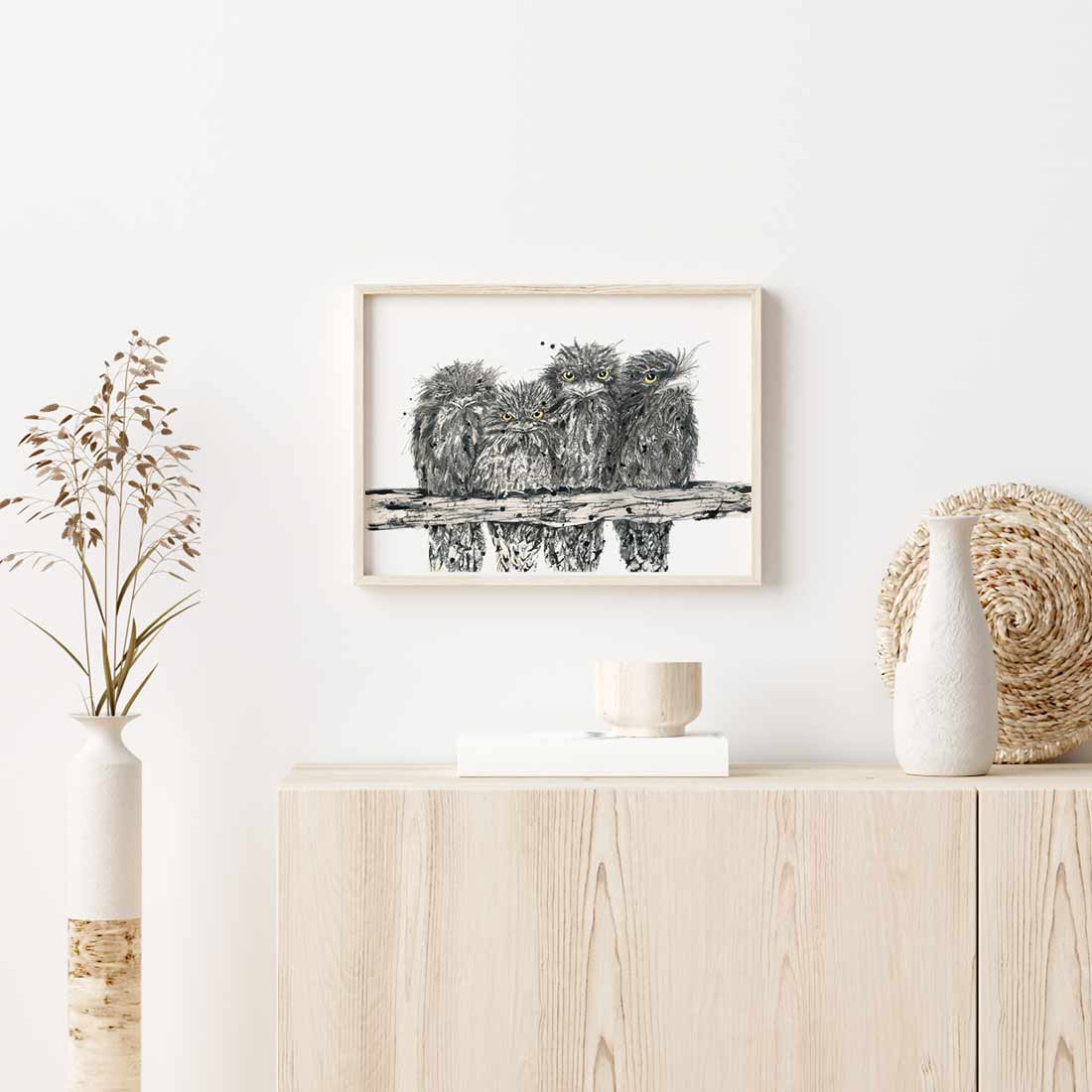     Tawny Frogmouth family artwork in ink and watercolour