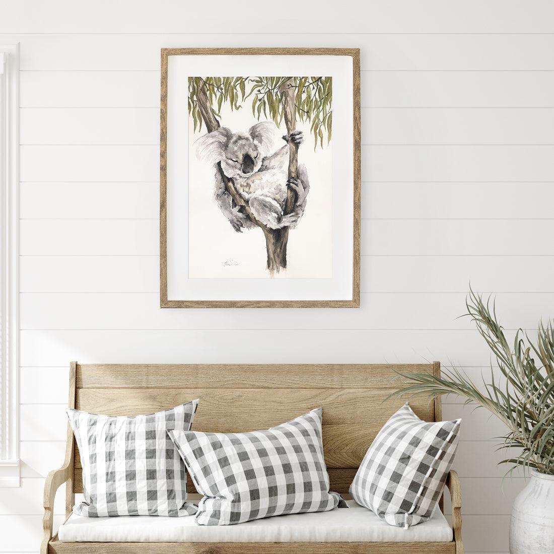 ‘Naptime’ sleeping koala in tree fine art print by Australian artist Shannon Dwyer