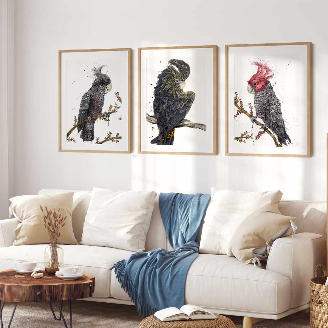 ‘Grey Goddess’ Gang-gang cockatoo, ‘Sassy’ Black Cockatoo & ‘Scarlet Stud’ Gang-gang Cockatoo fine art print by Australian artist Shannon Dwyer featuring
