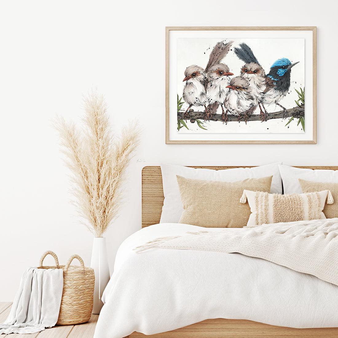 ‘Superb Love’ Superb Fairy-wren fine art print by Australian artist Shannon Dwyer showcased in a large frame over a bed