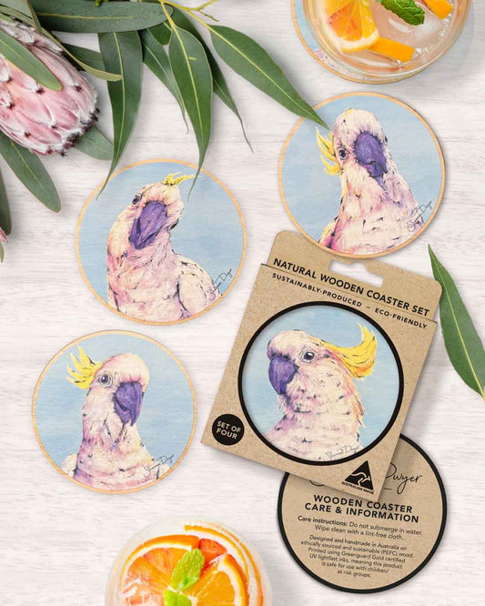 Australian Cockatoo wooden coaster set by Australian wildlife artist Shannon Dwyer
