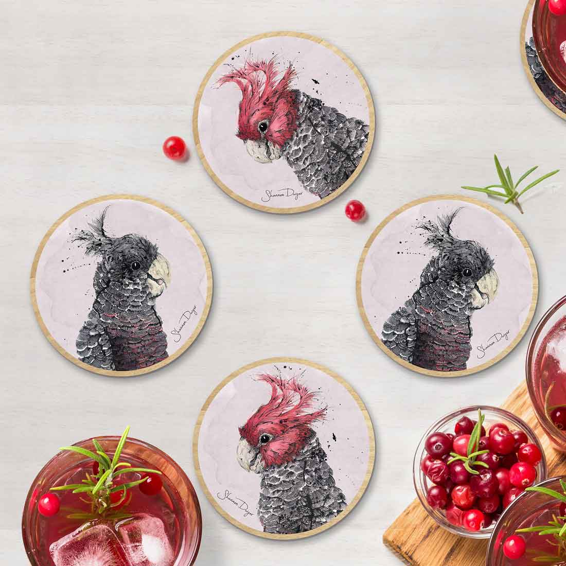 Gang-gang cockatoo wooden coasters featuring male and female Australian birds. Made in Australia from sustainable timber, displayed on a wooden surface with a glass of red wine and cherries in the background.