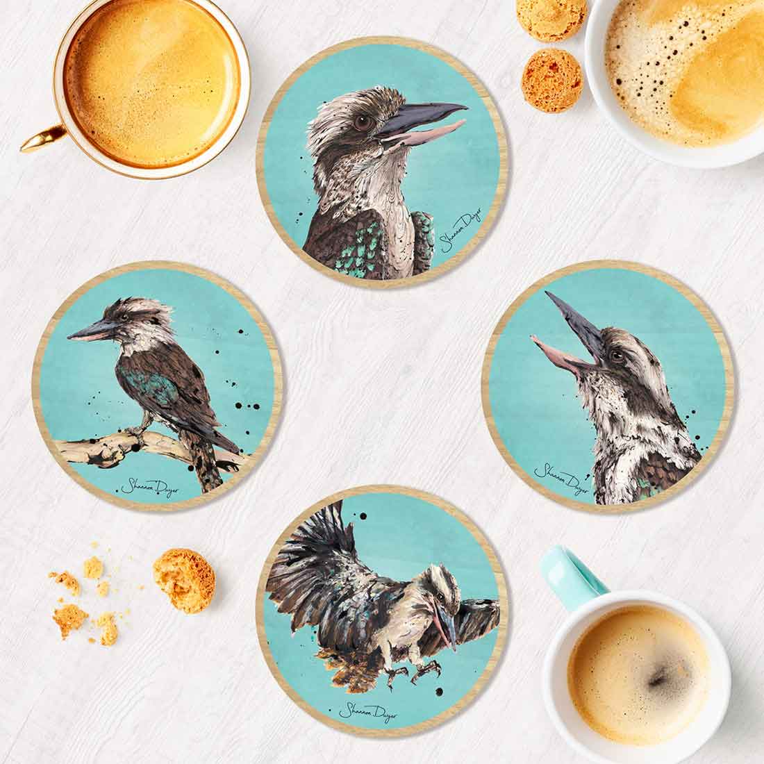 Laughing kookaburra wooden coaster set by Australian wildlife artist Shannon Dwyer