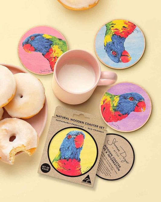 Set of 4 Rainbow Lorikeet wooden coasters with different artwork by Shannon Dwyer