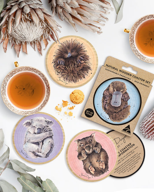 'Sleepy Joeys', Australian Animal Wooden Coaster Set of 4 | Australian Made