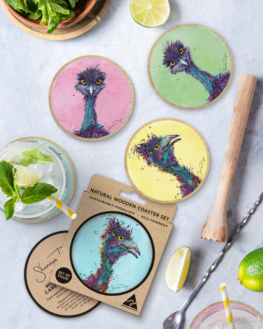 'Eager Emus' Australian Emu Wooden Coaster Set of 4 | Australian Made