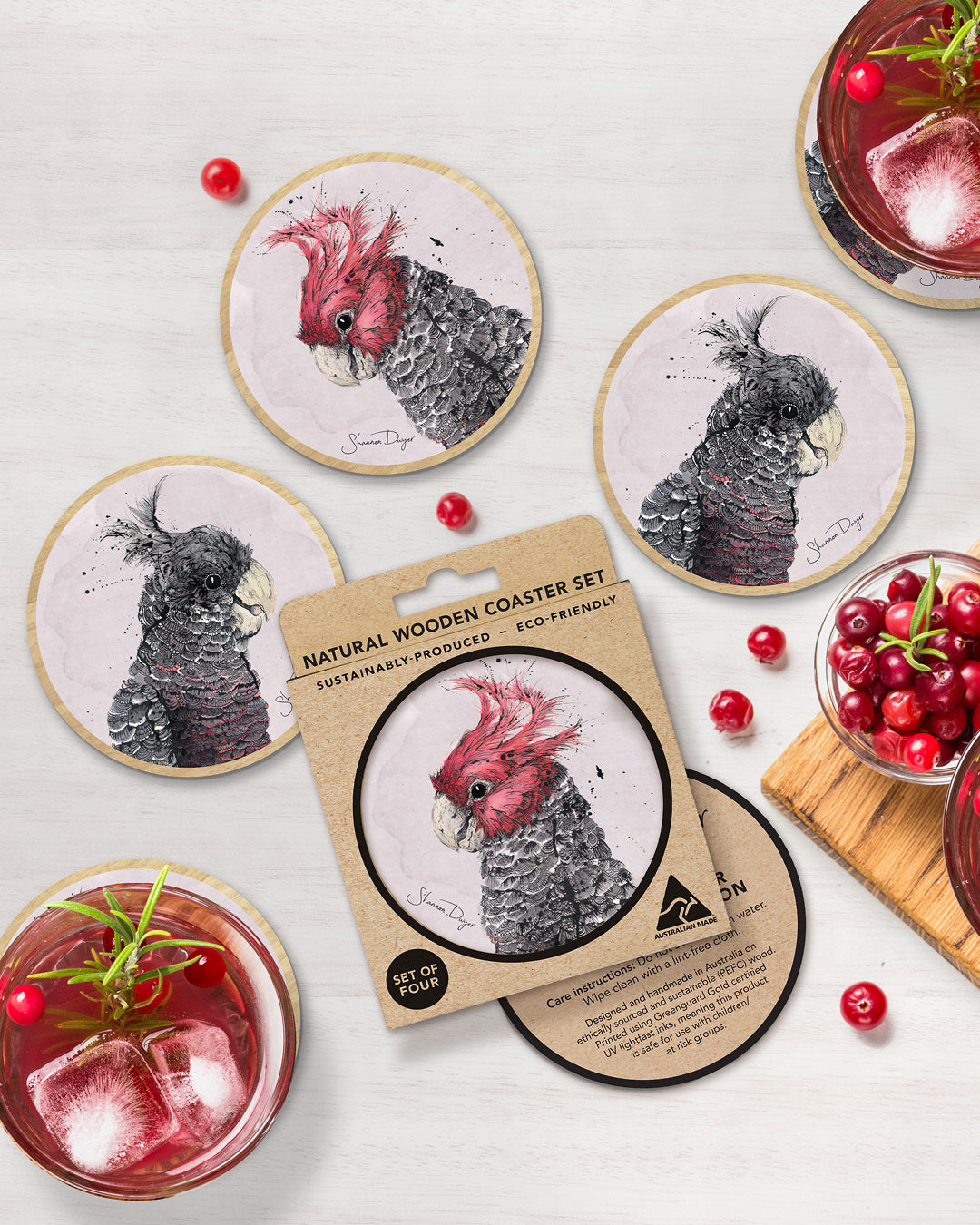 'Love Gang', Gang-gang Cockatoo Coaster Set of 4 | Australian Made