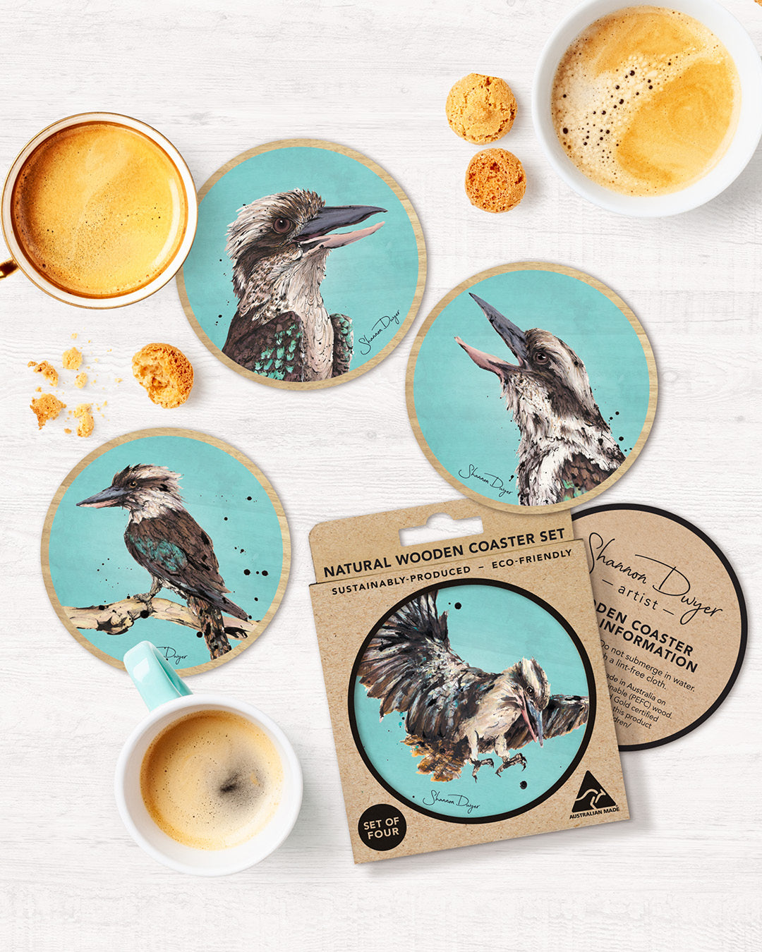 ‘Kooka Crazy’ Laughing Kookaburra Wooden Coaster Set of 4 | Australian Made