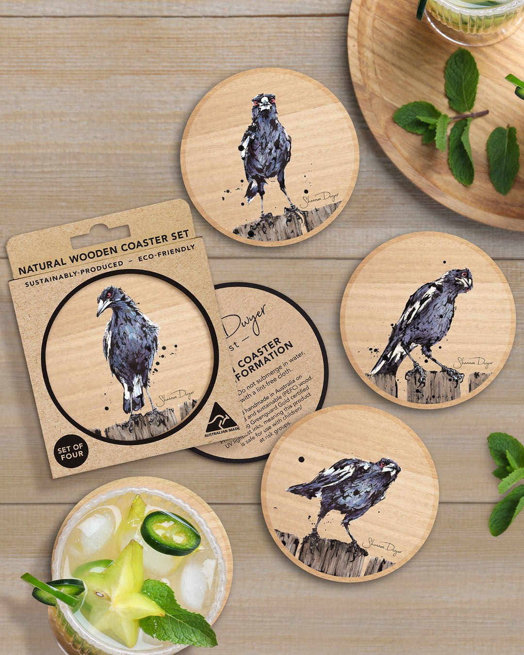 ‘Maggies’ Australian Magpie Wooden Coaster Set of 4 | Australian Made