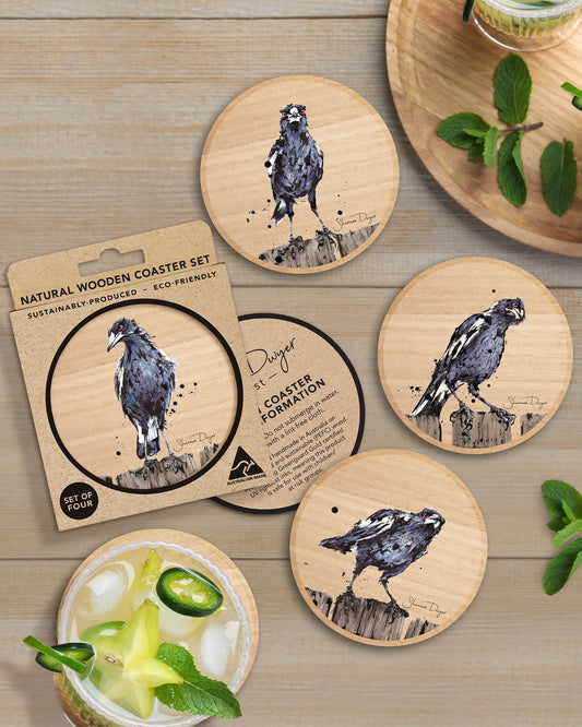 ‘Maggies’ Australian Magpie Wooden Coaster Set of 4 | Australian Made