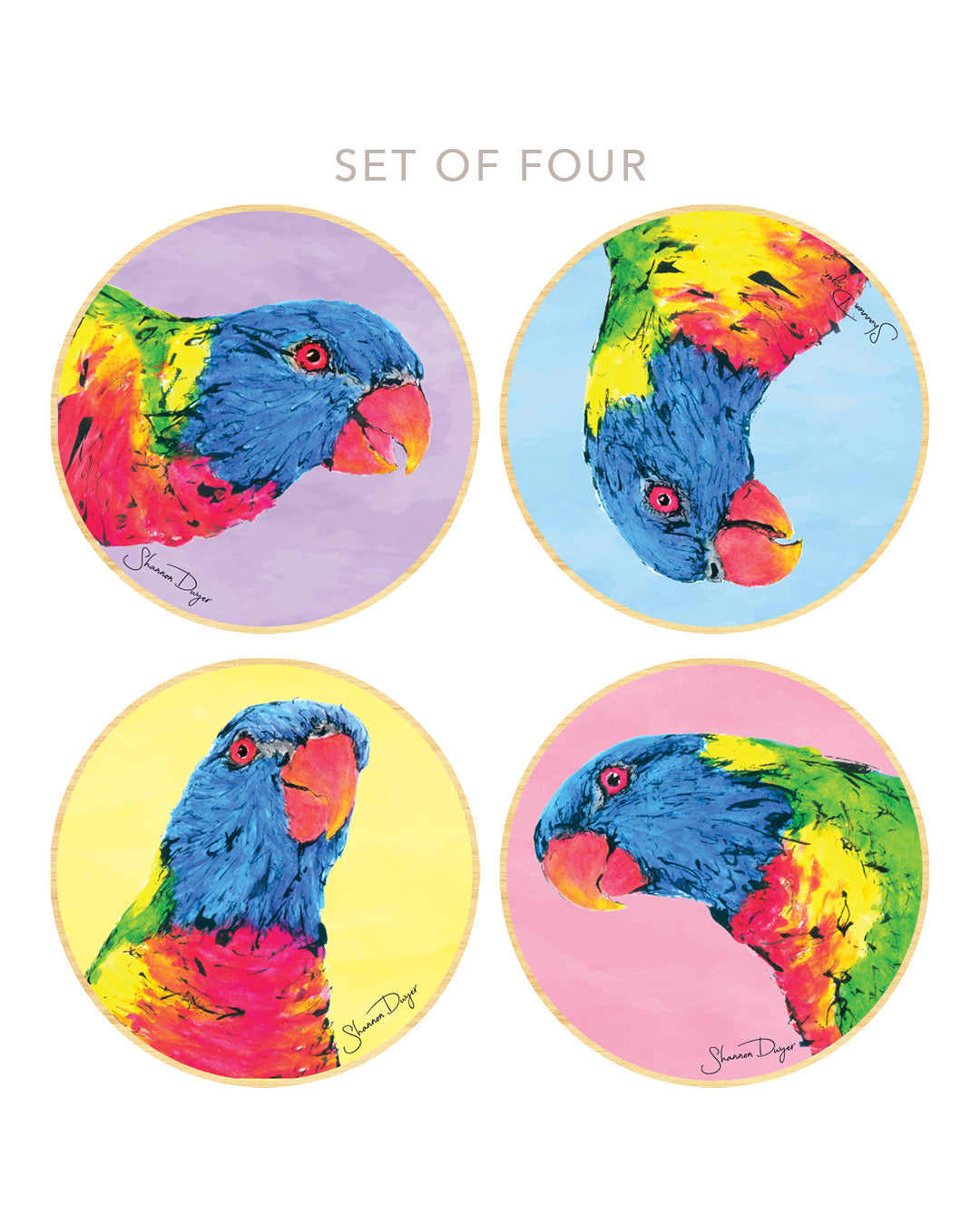 'Rainbow Brights' Rainbow  Lorikeets | Coaster Set of 4 | Australian Wildlife Art | Shannon Dwyer Artist