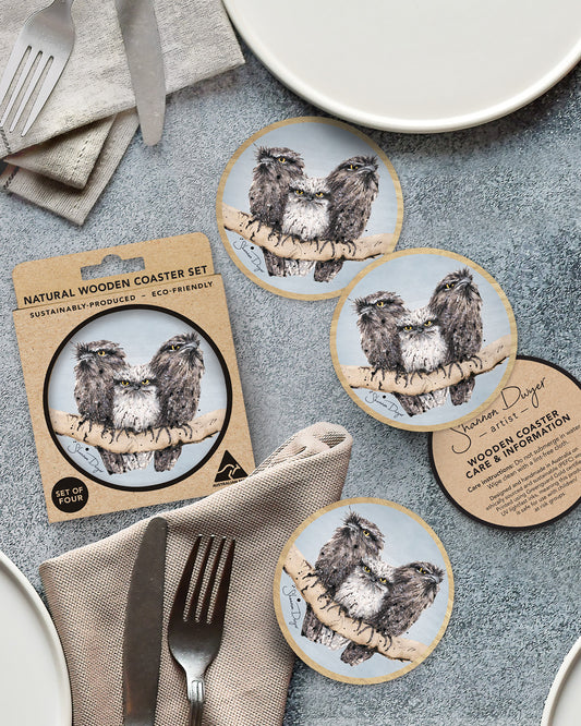 'Stuck in the Middle', Tawny Frogmouths Wooden Coaster Set of 4 | Australian Made