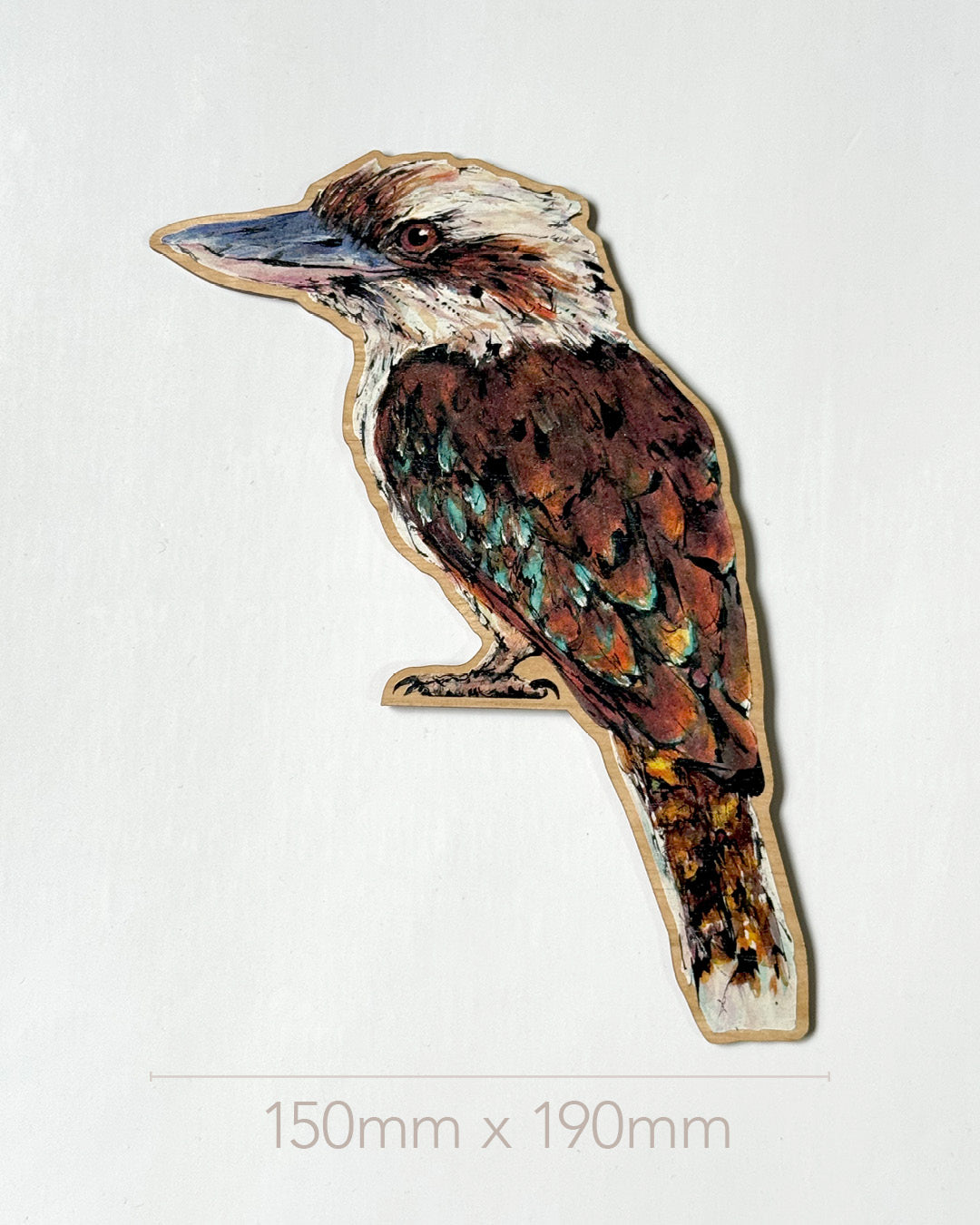 Wooden cutout of a kookaburra bird designed to sit on the edge of a door frame or shelf