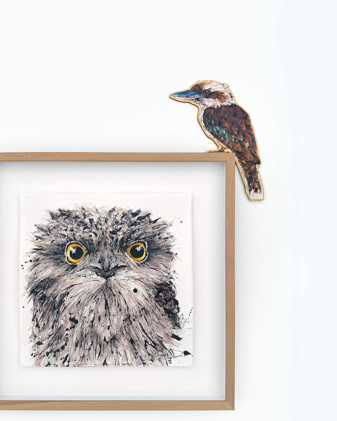 Framed artwork of a Tawny Frogmouth with a laughing kookaburra shelf decor by Shannon Dwyer