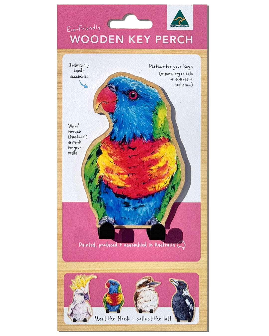'Buddy' Rainbow Lorikeet | Wooden Wildlife Key Hook | Australian Bird Wall Art