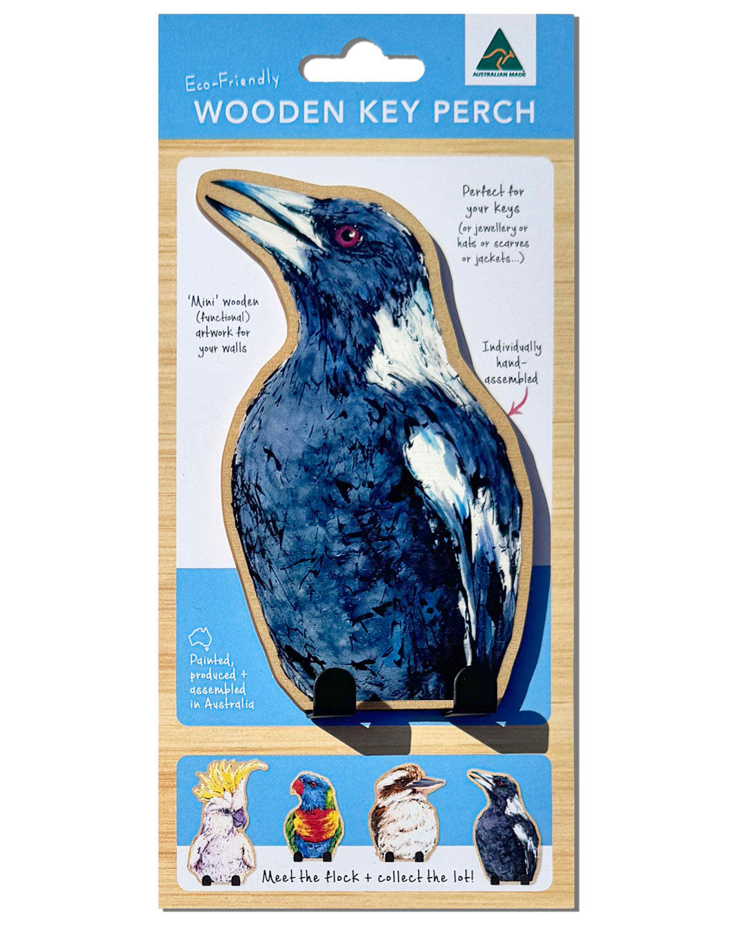 'Dawn Chorus' Australian Magpie | Wooden Wildlife Key Hook | Australian Bird Wall Art
