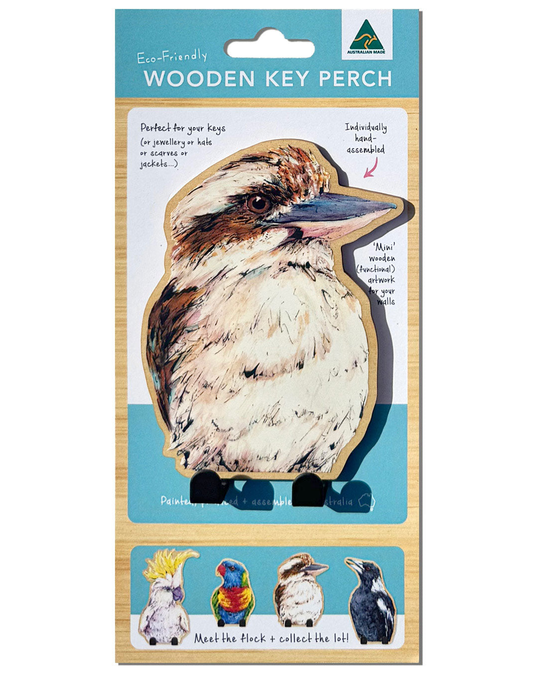 'Floofy' Laughing Kookaburra | Wooden Wildlife Key Hook | Australian Bird Wall Art