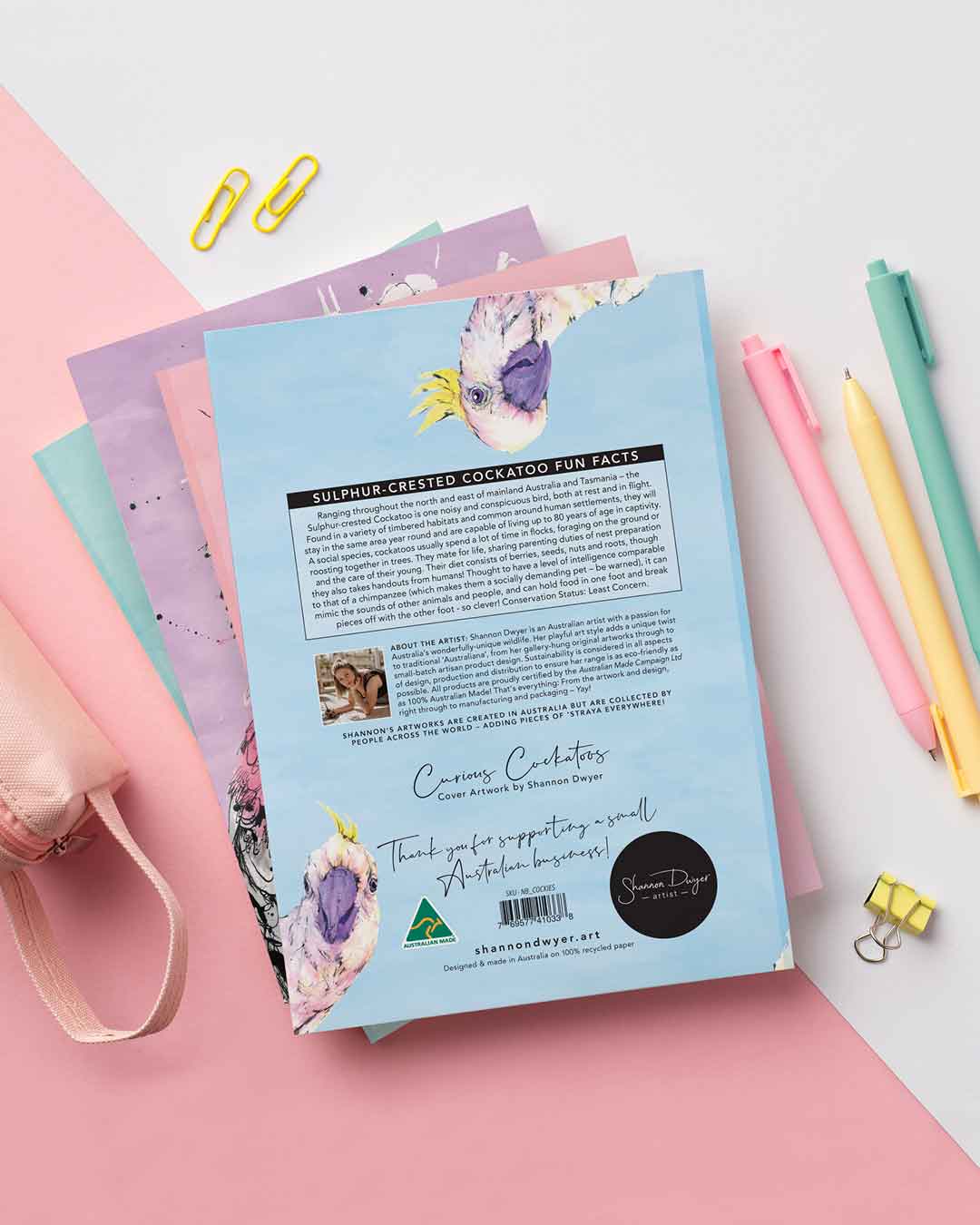 Australian wildlife gift featuring original Cockatoo artwork and information about cockatoos