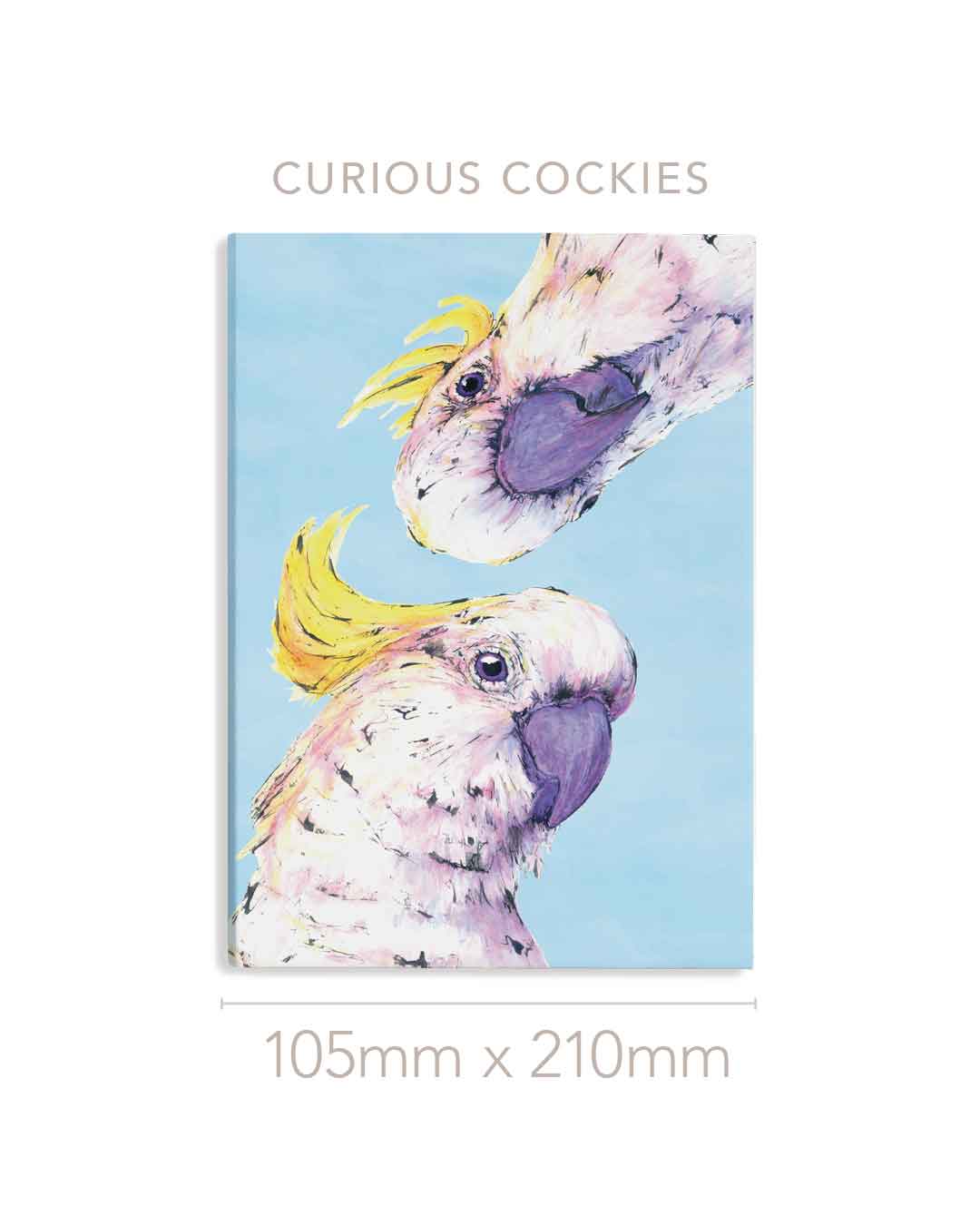 Notebook cover with illustration of two cockatoos on a light blue background, labeled 'Curious Cockies'.