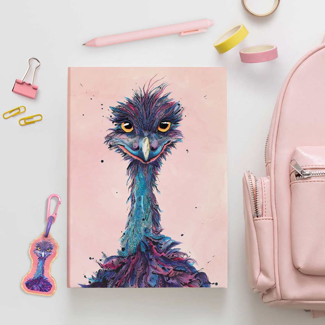 Brightly coloured Notebook with artwork by Shannon Dwyer Artist of 'Edwina the Emu' whose intense stare and brightly coloured features grab your attention!