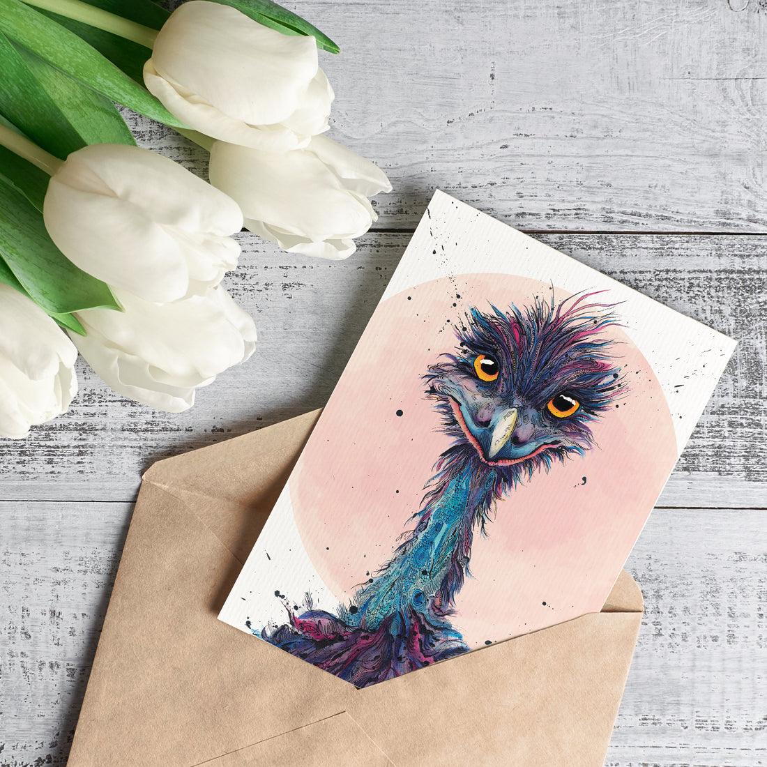 Australian Emu greeting card featuring original ink and watercolour wildlife artwork by Shannon Dwyer