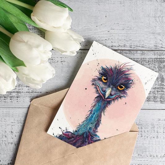 Australian Emu greeting card featuring original ink and watercolour wildlife artwork by Shannon Dwyer