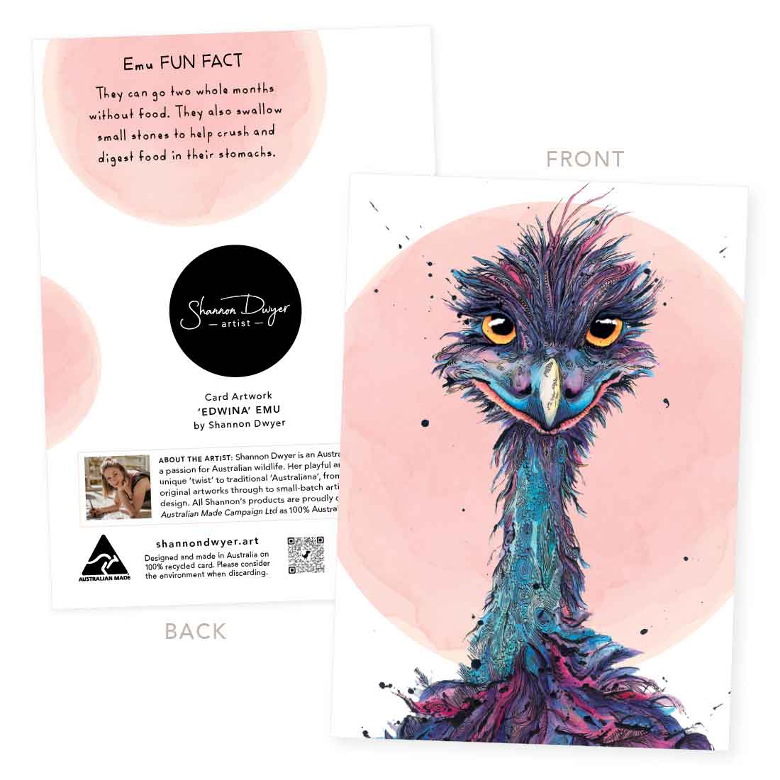 Australian Emu greeting card featuring original wildlife artwork. Eco-friendly card printed on recycled paper with fun animal facts.