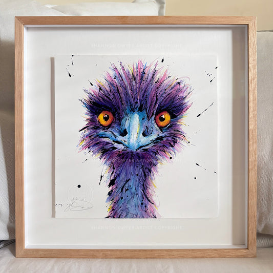     Wild the Emu original framed artwork by Shannon Dwyer, colourful Australian emu painting in ink and watercolour, float mounted behind non-reflective glass