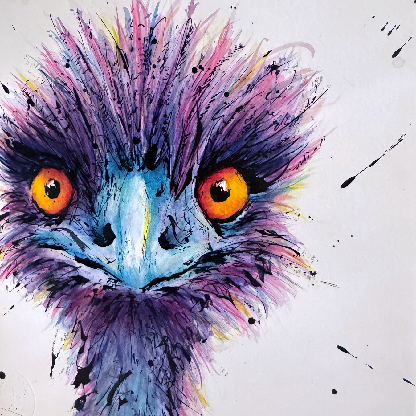     Close up of Wild the Emu original ink and watercolour painting, contemporary Australian bird art with vibrant colours