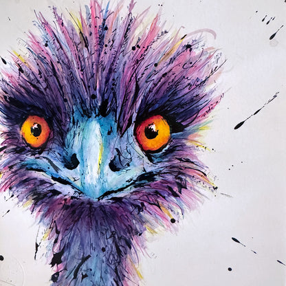     Close up of Wild the Emu original ink and watercolour painting, contemporary Australian bird art with vibrant colours