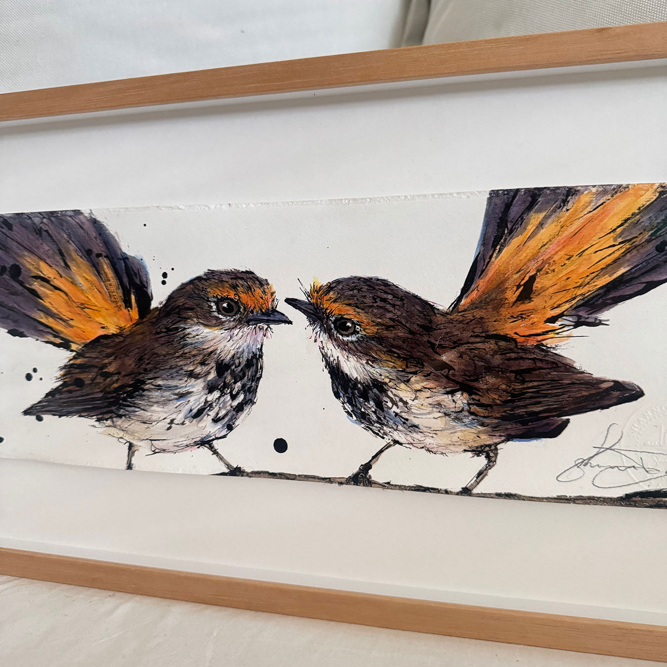     Close up of Fanfare original wildlife painting, expressive Rufous Fantail ink and watercolour artwork with movement and energy