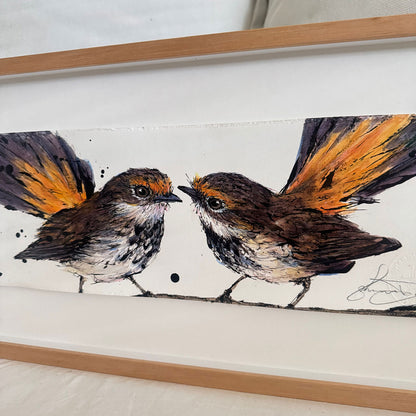     Close up of Fanfare original wildlife painting, expressive Rufous Fantail ink and watercolour artwork with movement and energy