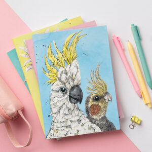 Notebook with artwork of an Australian Cockatoo and cockatiel by Shannon Dwyer