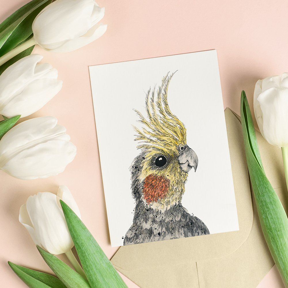 'Chirpy' the Cockatiel Greeting Card. Artwork by Shannon Dwyer Artist. Printed on 100% recycled paper.