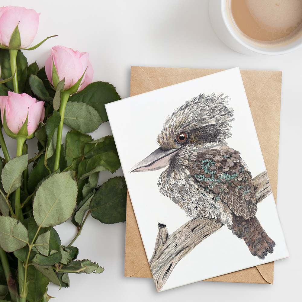 'Eye on You' the Kookaburra Greeting Card. Artwork by Shannon Dwyer Artist. Printed on 100% recycled paper.