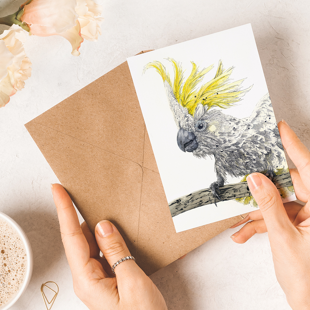 'Maaate' the Cockatoo Greeting Card. Artwork by Shannon Dwyer Artist. Printed on 100% recycled paper.
