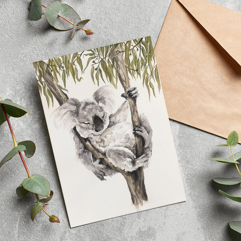 'Naptime' the Koala Greeting Card. Artwork by Shannon Dwyer Artist. Printed on 100% recycled paper.