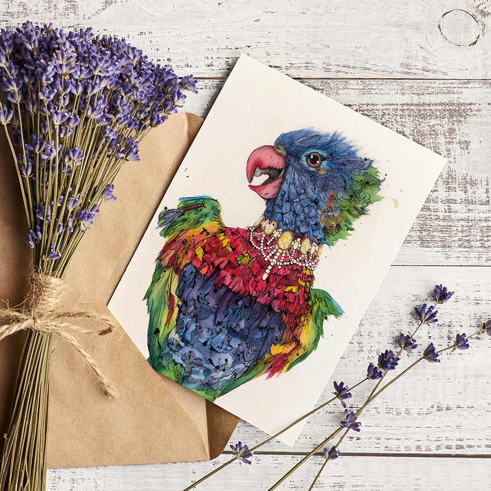 'Rainbow' the Lorikeet Greeting Card. Artwork by Shannon Dwyer Artist. Printed on 100% recycled paper.